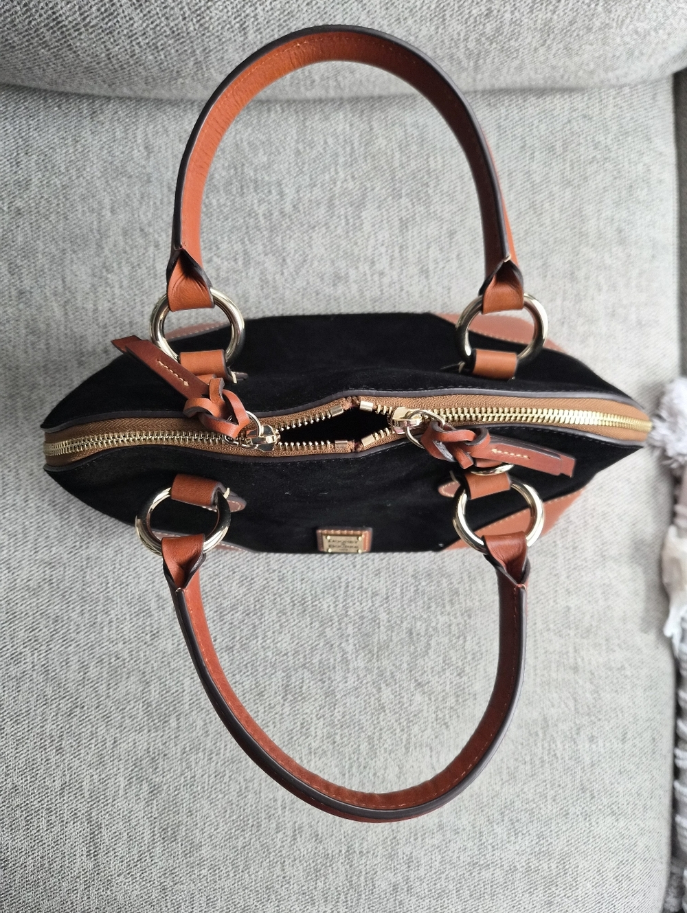 Dooney & Bourke Black Suede with Brown Leather Trim Satchel - Picture 6 of 12